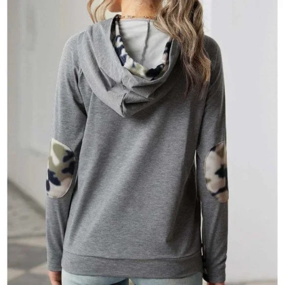 Gray Double Hooded Sweatshirt with Camo Elbow Patch and Inner Hooded 2XL - Picture 2 of 11